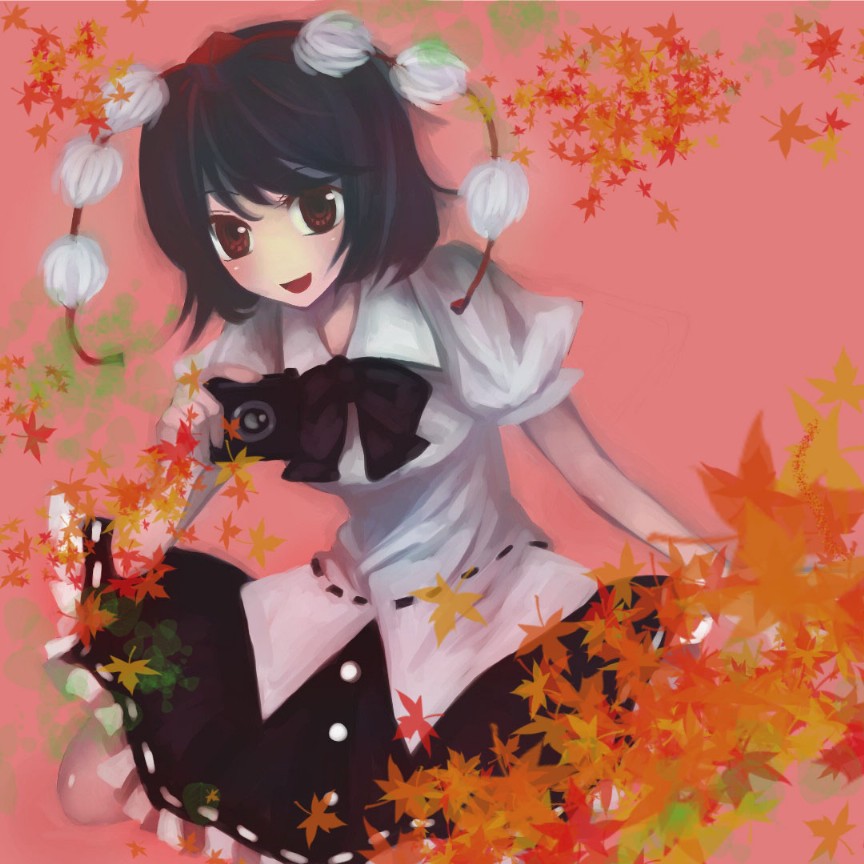swami, shameimaru aya, touhou, bad id, bad pixiv id, 1girl, black hair, blush, camera, female focus, hat, leaf, looking at viewer, open mouth, red eyes, short hair, smile, solo, tokin hat
