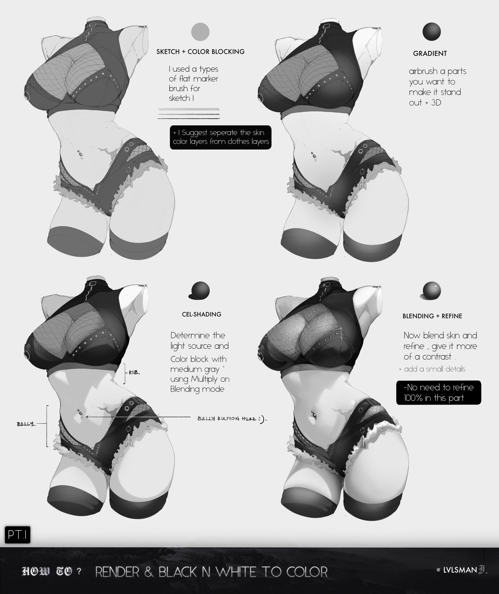 siiar (lvlcmxcix), original, commentary, english commentary, highres, 1girl, armpits, breasts, cleavage, crop top, cropped arms, cropped legs, grey background, greyscale, guide, how to, large breasts, micro shorts, monochrome, multiple views, navel, navel piercing, piercing, see-through cleavage, see-through clothes, shorts, simple background, stomach, thighs