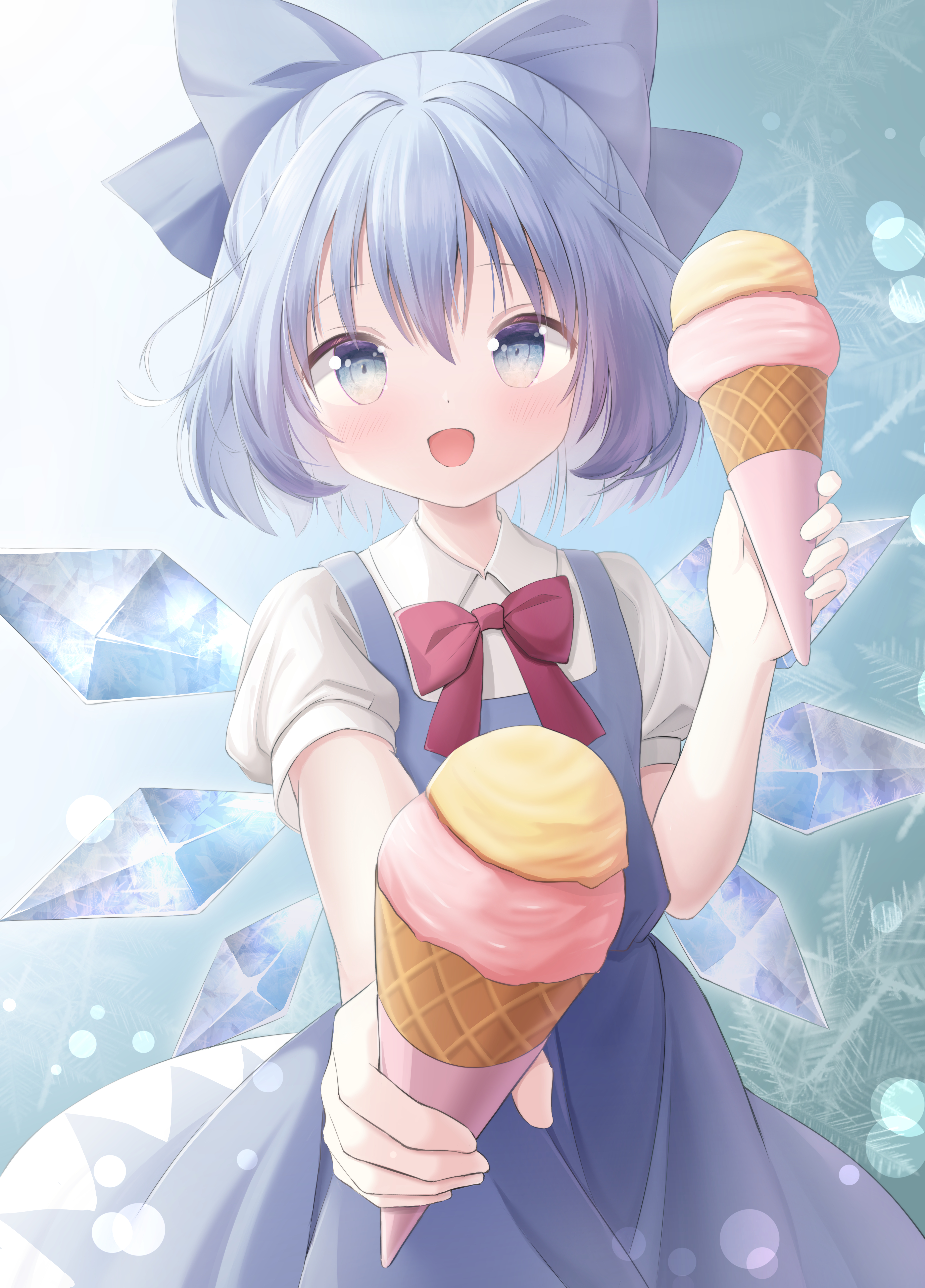 xbocat, cirno, touhou, absurdres, commentary, highres, 1girl, blue bow, blue dress, blue eyes, blue hair, blush, bow, bowtie, collared shirt, detached wings, dress, food, hair bow, holding, holding ice cream cone, ice, ice cream, ice cream cone, ice wings, incoming food, lens flare, looking at viewer, open mouth, pinafore dress, puffy short sleeves, puffy sleeves, red bow, red bowtie, shirt, short sleeves, sleeveless, sleeveless dress, smile, solo, white shirt, wings