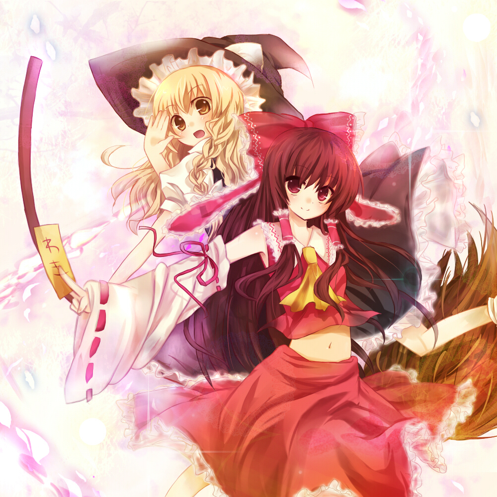 hinase haruka, hakurei reimu, kirisame marisa, touhou, bad id, bad pixiv id, translated, 2girls, black hair, blonde hair, bow, braid, broom, broom riding, brown hair, detached sleeves, female focus, gradient background, hair bow, hat, japanese clothes, long hair, midriff, miko, multiple girls, navel, skirt, witch, witch hat