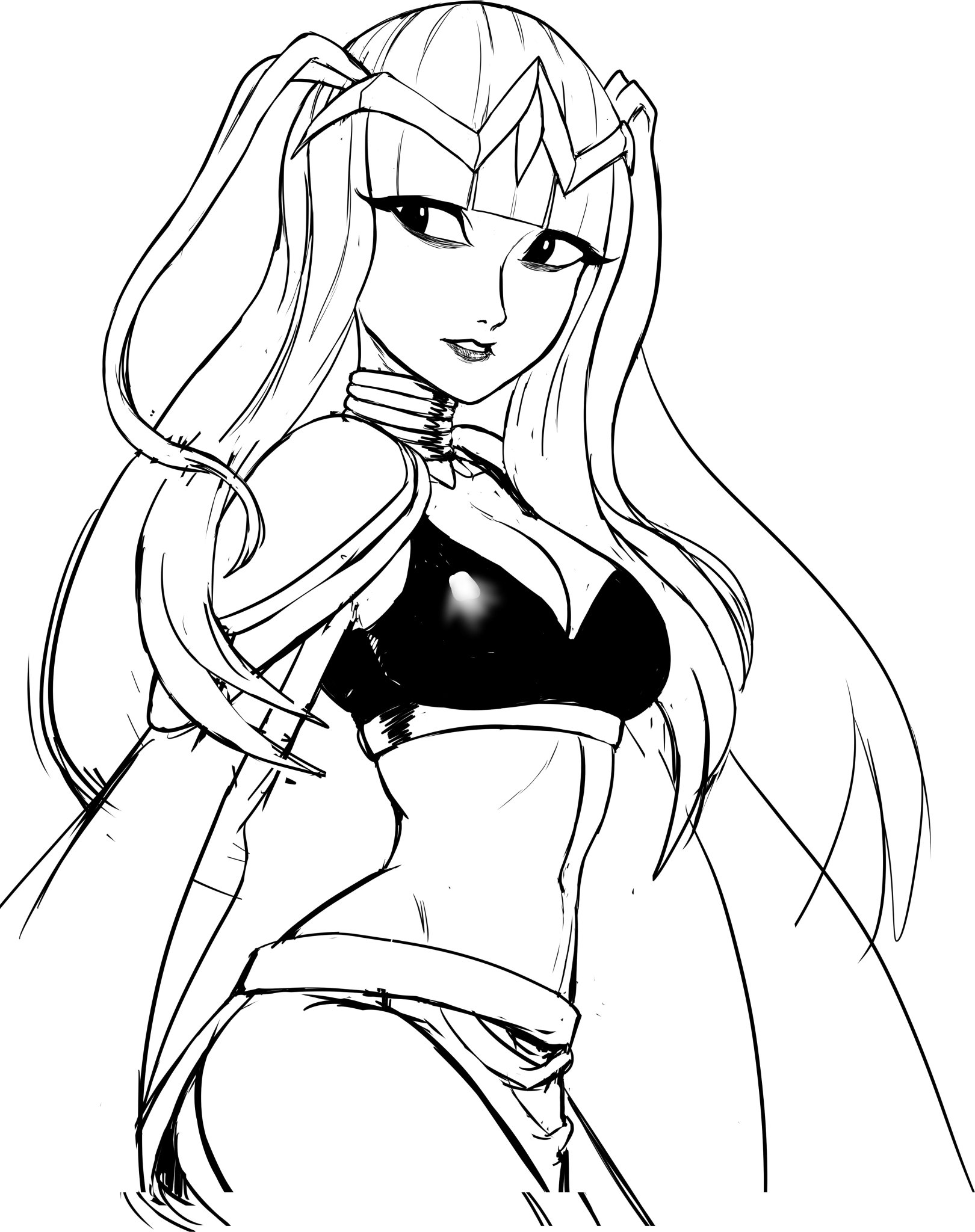 tharja (fire emblem), fire emblem, fire emblem awakening, nintendo, highres, bodystocking, breasts, cape, circlet, cleavage, cleft of venus, large breasts, loincloth, midriff, navel, sketch, straight bangs, straight hair