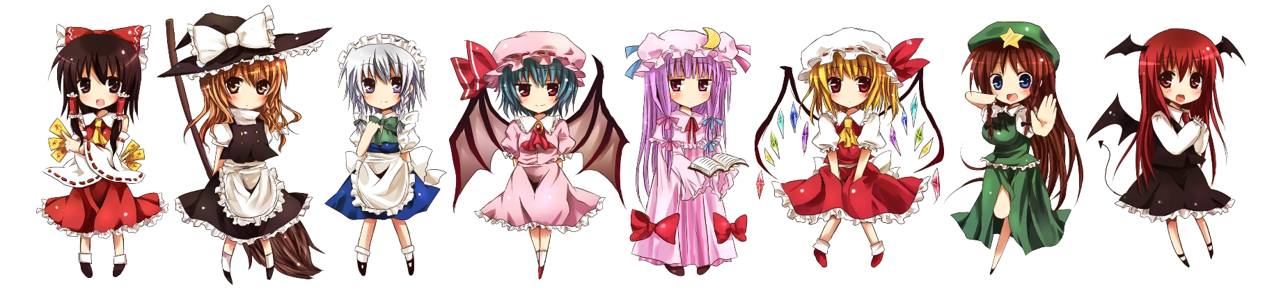 hinase haruka, flandre scarlet, hakurei reimu, hong meiling, izayoi sakuya, kirisame marisa, koakuma, remilia scarlet, embodiment of scarlet devil, touhou, bad id, bad pixiv id, highres, long image, wide image, 6+girls, blonde hair, braid, female focus, head wings, multiple girls, wings