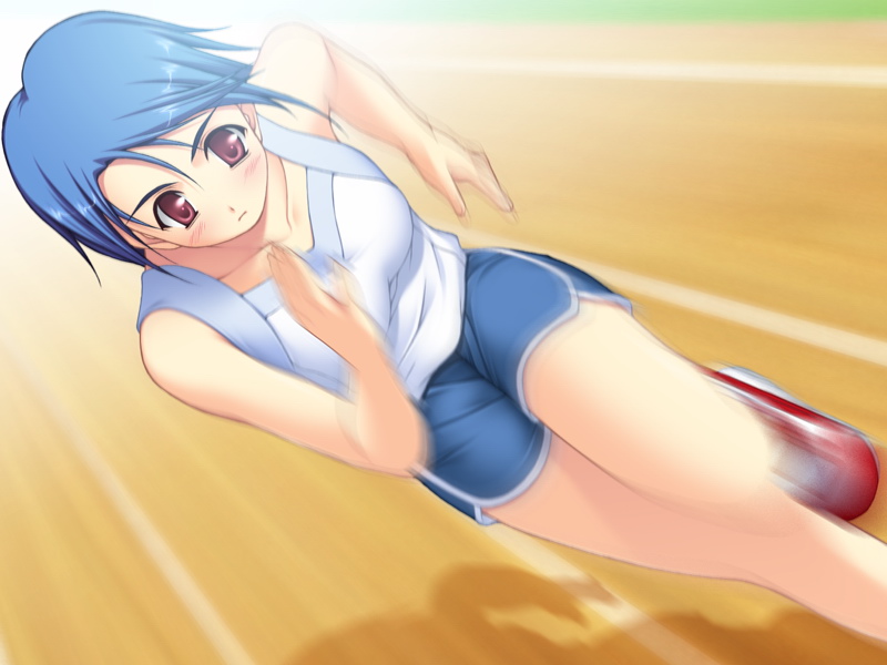 nishizaki eimu, takaoka misaki, ren'ai byou, game cg, non-web source, 1girl, blue hair, dutch angle, female focus, motion blur, red eyes, running, short hair, solo