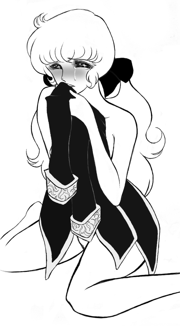 rosalie lamorliere, versailles no bara, 1970s (style), 1girl, blonde hair, coat, female focus, female masturbation, greyscale, lineart, masturbation, monochrome, nude, oldschool, retro artstyle, solo, tears