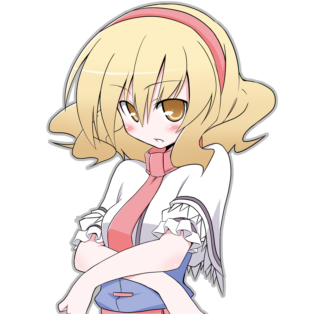 souto, alice margatroid, touhou, bad id, bad pixiv id, 1girl, blonde hair, blush, breasts, female focus, hairband, simple background, solo, yellow eyes