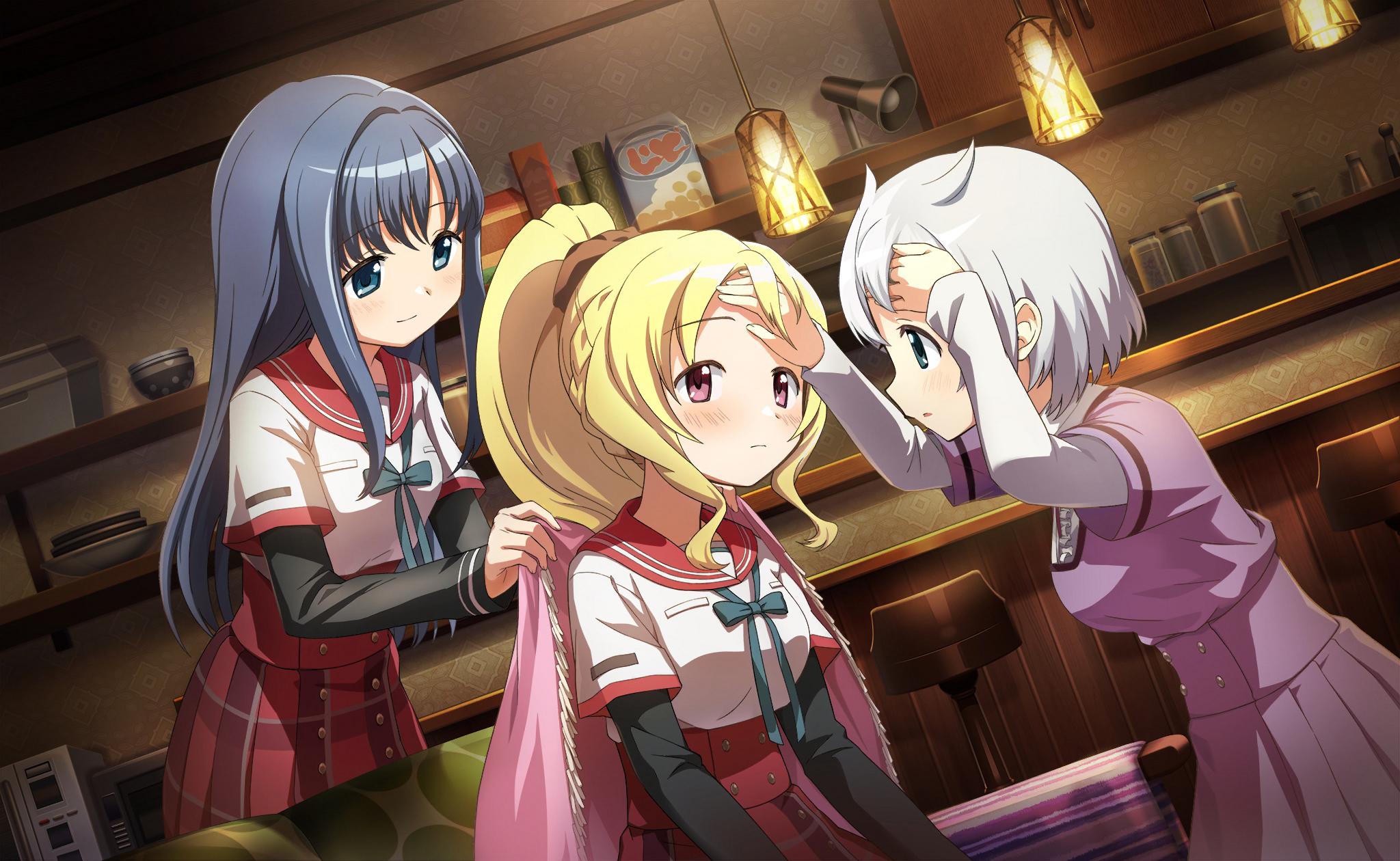 azusa mifuyu, nanami yachiyo, togame momoko, magia record: mahou shoujo madoka magica gaiden, mahou shoujo madoka magica, mahou shoujo madoka magica magia exedra, artist request, game cg, highres, official art, 3girls, aqua eyes, black scrunchie, black sleeves, blanket, blonde hair, blue bow, blue bowtie, blue hair, blush, bow, bowtie, breast pocket, buttons, center frills, collared shirt, couch, covering with blanket, cowboy shot, dress, dutch angle, frills, frown, hair horns, hair intakes, hair ornament, hair scrunchie, hand on own forehead, happy, high-waist skirt, high collar, high ponytail, holding, holding blanket, indoors, kamihama university affiliated school uniform, lantern, layered sleeves, living room, long hair, long sidelocks, long sleeves, looking at another, milk carton, miniskirt, mizuna girls' academy school uniform, multiple girls, nape braid, on couch, parted lips, pink eyes, plaid clothes, plaid skirt, plate, pleated dress, pleated skirt, pocket, pointy nose, ponytail, purple dress, red sailor collar, red skirt, sailor collar, school uniform, scrunchie, shelf, shirt, shirt under dress, short hair, short over long sleeves, short sleeves, sick, sidelocks, sitting, skirt, sleeves past wrists, square neckline, standing, stool, taking temperature, tareme, very long hair, wavy hair, white hair, white shirt, worried