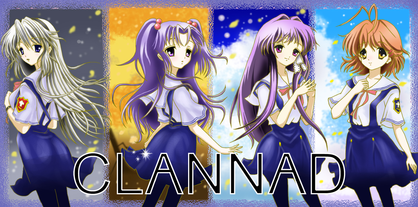 ruuche, fujibayashi kyou, furukawa nagisa, ichinose kotomi, sakagami tomoyo, clannad, silver hair, 00s, 4girls, blue eyes, brown hair, hair intakes, multiple girls, pantyhose, purple eyes, purple hair, school uniform, yellow eyes