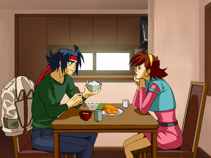 crabg, domon kasshu, rain mikamura, g gundam, gundam, 1990s (style), 1boy, 1girl, blue eyes, bowl, brown hair, chair, chopsticks, couple, earrings, food, hairband, headband, hetero, jacket, jewelry, lipstick, makeup, short hair, table