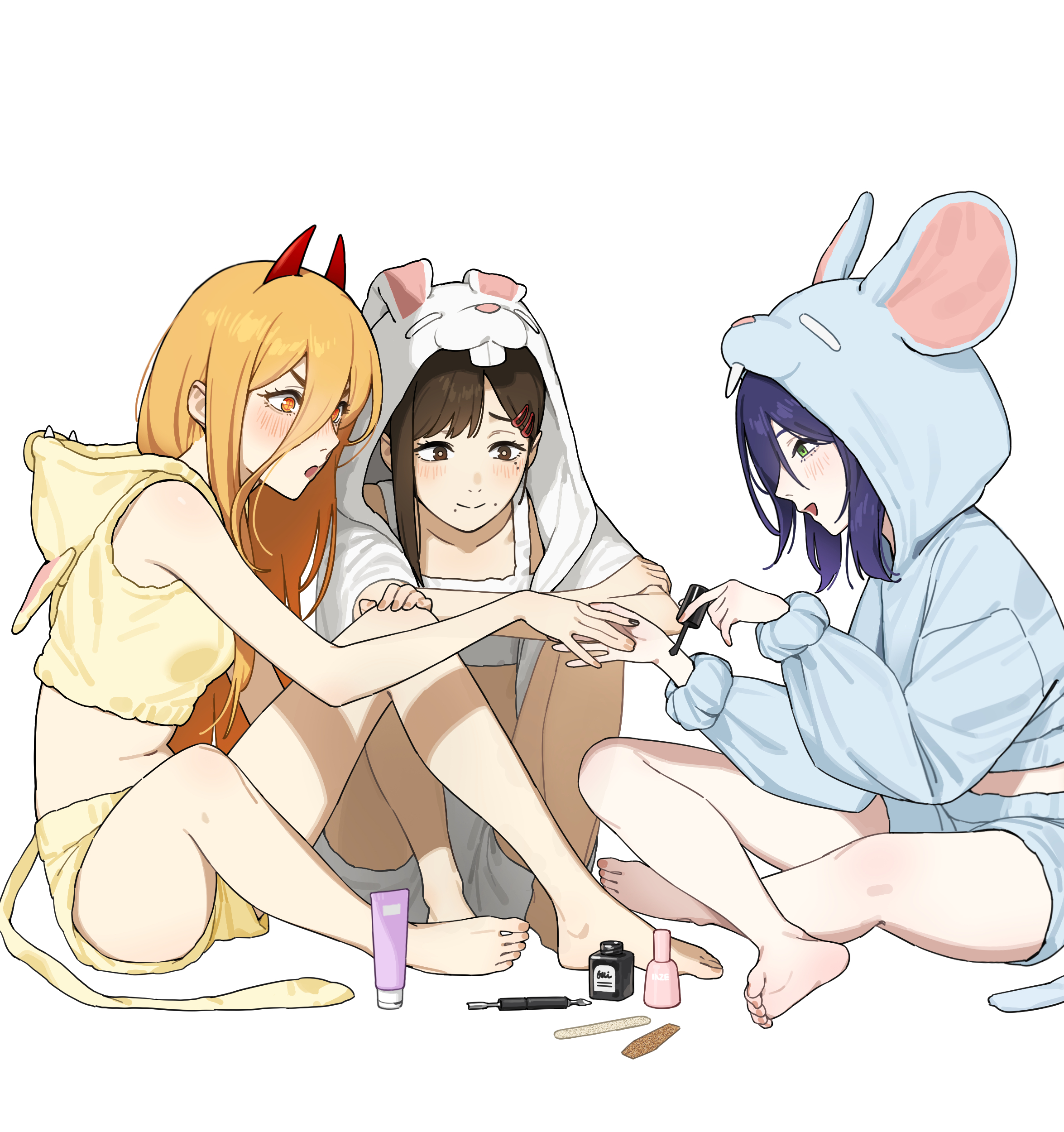 b1026, higashiyama kobeni, power (chainsaw man), reze (chainsaw man), chainsaw man, absurdres, commentary, highres, 3girls, alternate universe, animal ear hood, barefoot, black nails, blonde hair, blush, brown eyes, brown hair, cosmetics, demon horns, fake animal ears, green eyes, hair between eyes, hair ornament, hairclip, hood, hooded pajamas, horns, indian style, long hair between eyes, midriff, mole, mole under eye, mole under mouth, multiple girls, nail polish, nail polish bottle, nail polish brush, orange eyes, pajamas, purple hair, shorts, sitting