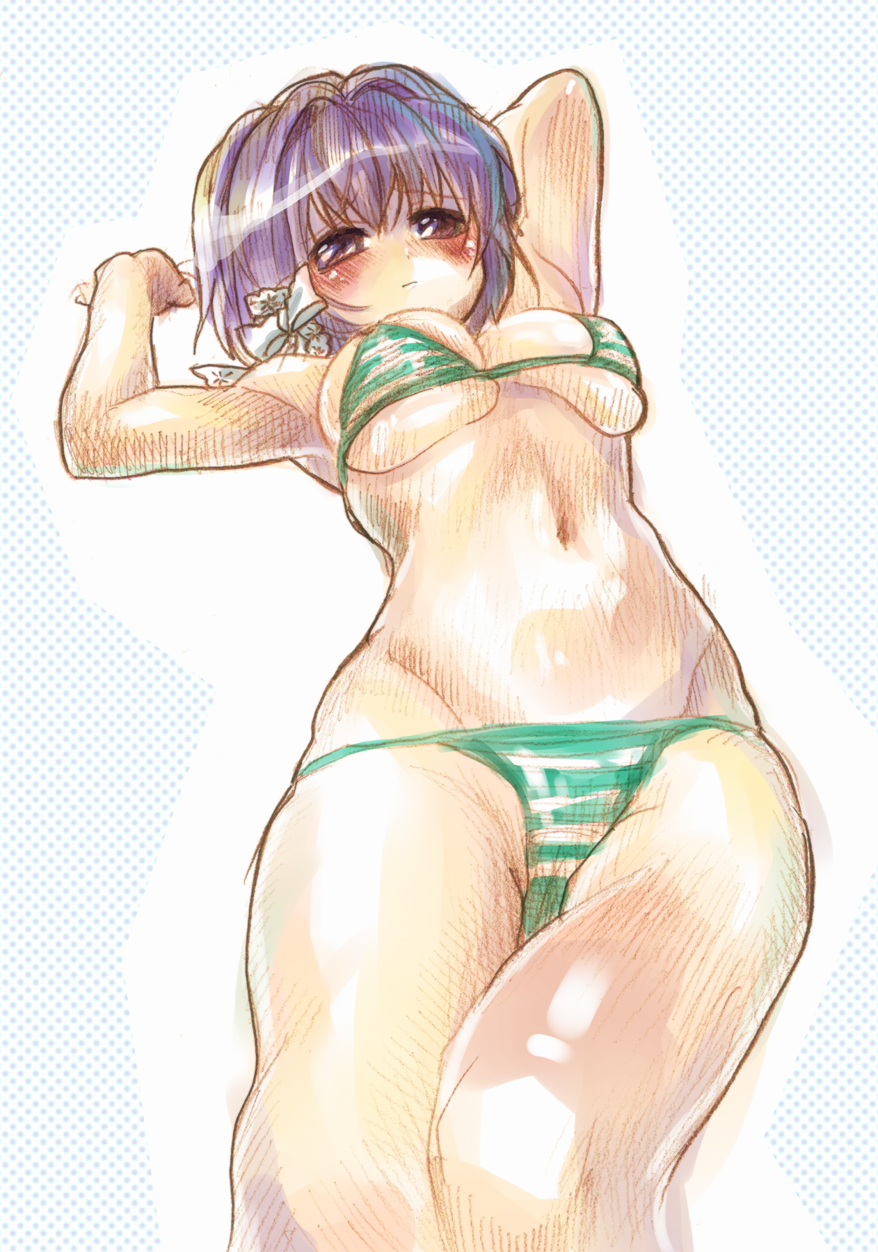 yanyo (ogino atsuki), fujibayashi ryou, clannad, bad id, bad pixiv id, highres, 00s, 1girl, armpits, bikini, blush, breasts, female focus, green bikini, lying, purple eyes, purple hair, short hair, sketch, solo, striped bikini, striped clothes, swimsuit