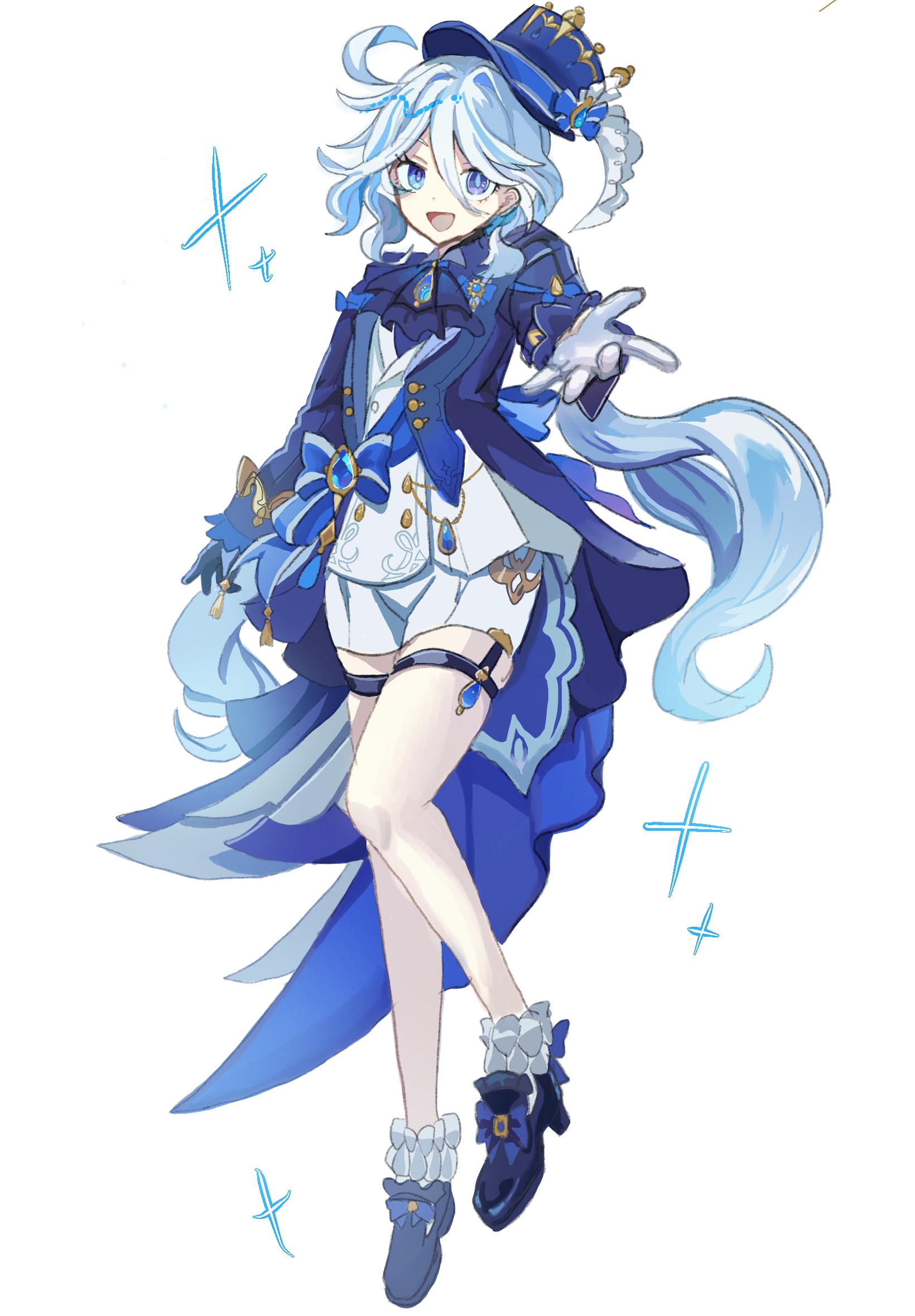 furina (genshin impact), genshin impact, highres, 1girl, :d, ascot, asymmetrical gloves, bare legs, blue ascot, blue eyes, blue gloves, blue hair, blue hat, blue jacket, brooch, cowlick, full body, gloves, hat, high heels, jacket, jewelry, long hair, long sleeves, looking at viewer, mismatched gloves, nadaumi, open mouth, shirt, short shorts, shorts, simple background, smile, socks, solo, thigh strap, top hat, very long hair, white background, white gloves, white shirt, white shorts, white socks