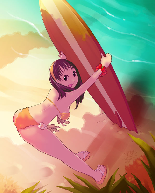 cookingpeach, miupix, original, ass, beach, bent over, bikini, brown eyes, brown hair, long hair, sandals, surfboard, swimsuit