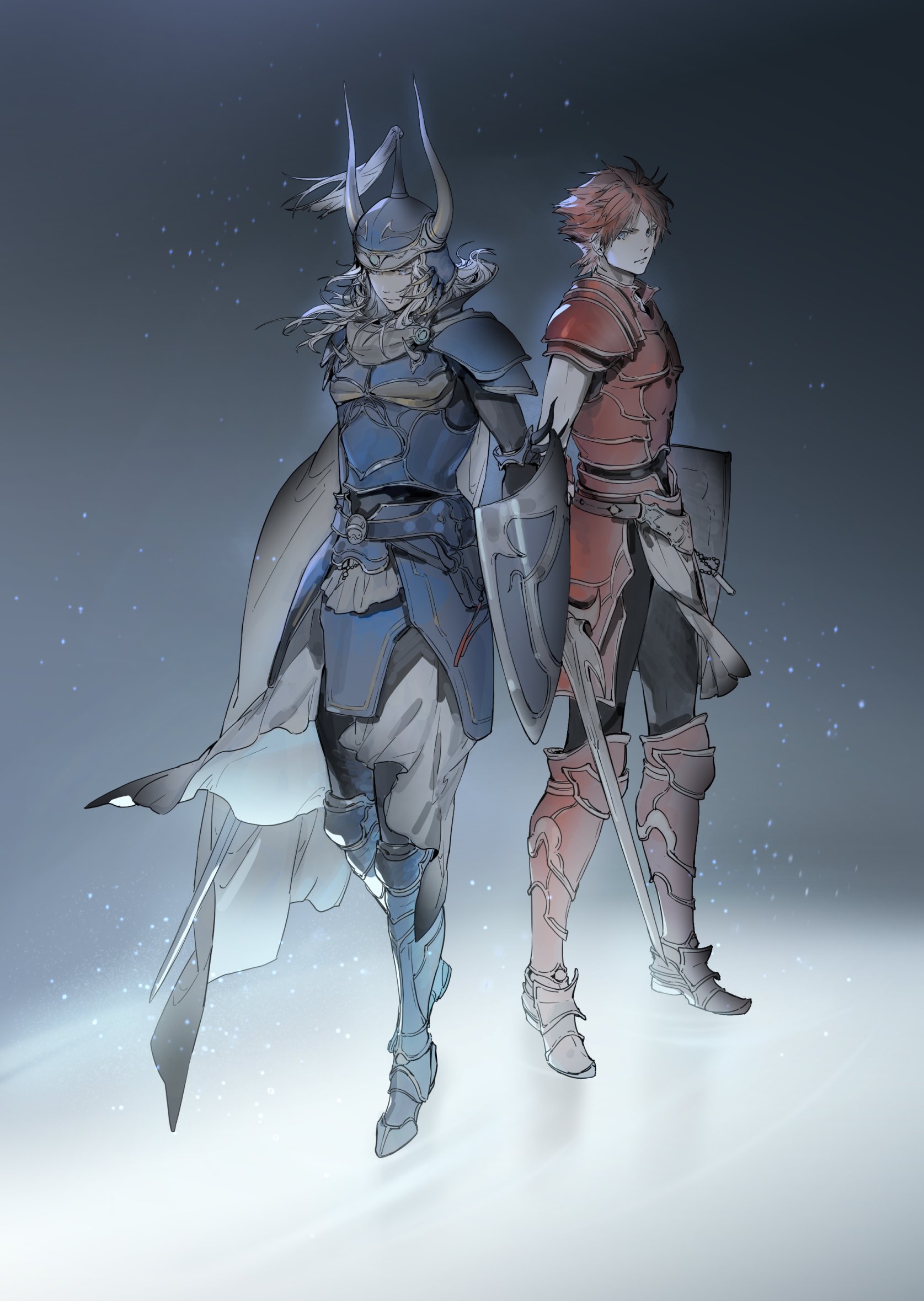 riio, warrior of light (ff1), final fantasy, final fantasy i, highres, 2boys, armor, armored boots, black pants, blue armor, boots, brown hair, fake horns, full body, grey background, grey cloak, grey hair, helmet, holding, holding shield, holding sword, holding weapon, horned helmet, horns, long hair, male focus, multiple boys, official alternate costume, pants, parted bangs, pauldrons, plume, red armor, shield, short hair, shoulder armor, standing, sword, tassets, weapon