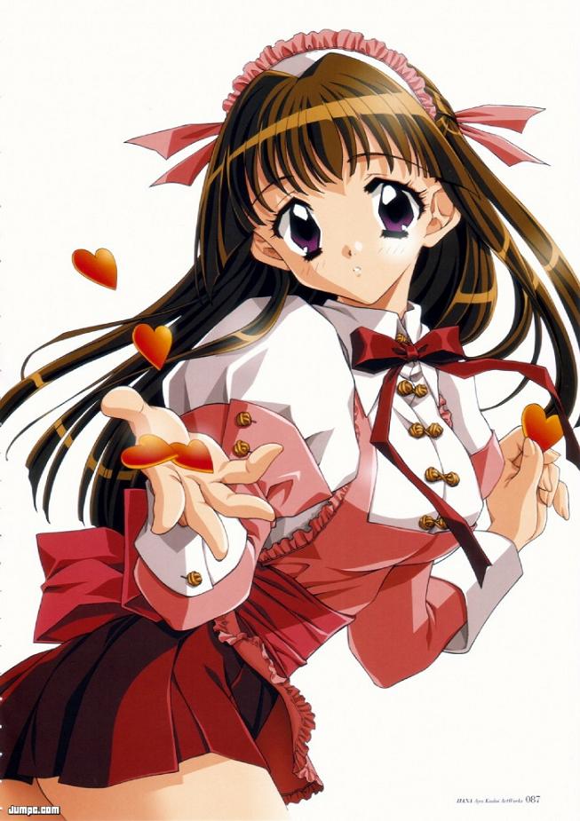 kadoi aya, jpeg artifacts, non-web source, scan, scan artifacts, 1girl, :o, apron, blush, brown hair, buttons, cowboy shot, female focus, frilled apron, frills, heart, holding, juliet sleeves, long hair, long sleeves, looking at viewer, maid headdress, miniskirt, neck ribbon, outstretched hand, pink apron, pleated skirt, puffy sleeves, purple eyes, ribbon, simple background, skirt, solo, waitress, watermark, web address, white background