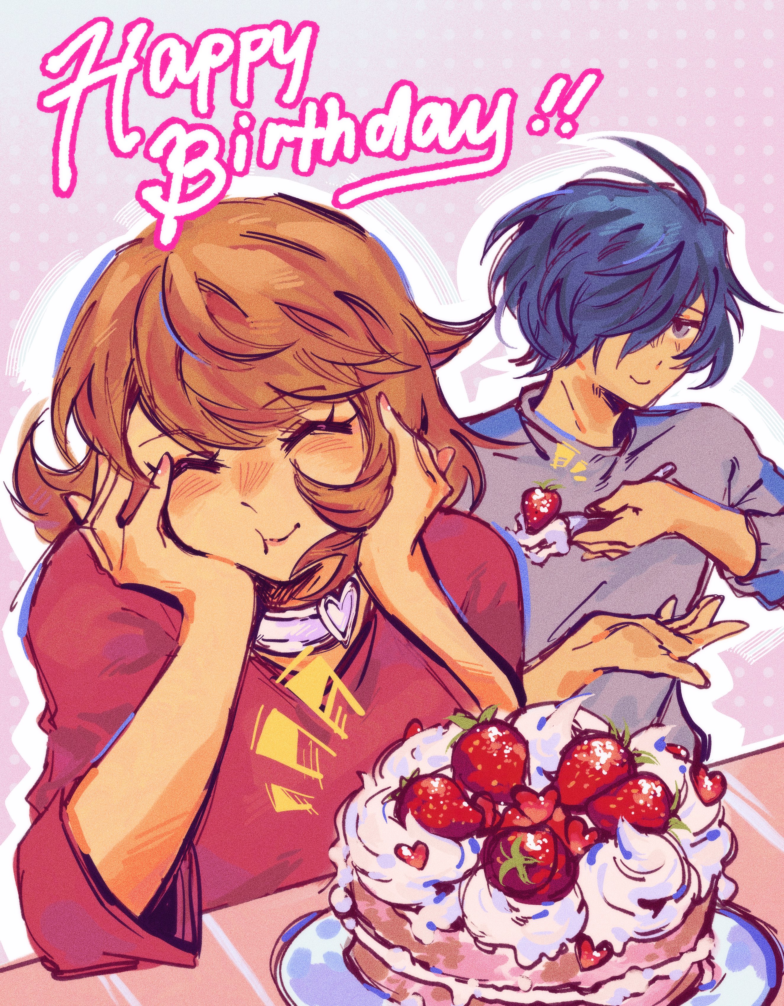 kickthat can, takeba yukari, yuuki makoto (persona 3), persona, persona 3, persona 3 reload, absurdres, commentary, english commentary, highres, 1boy, 1girl, birthday, birthday cake, blue hair, blush, brown hair, cake, choker, closed eyes, closed mouth, flipped hair, food, fork, fruit, grey shirt, hair over one eye, hands on own cheeks, hands on own face, happy birthday, heart, heart choker, holding, holding fork, official alternate costume, shirt, short hair, smile, strawberry, upper body, white choker, white shirt