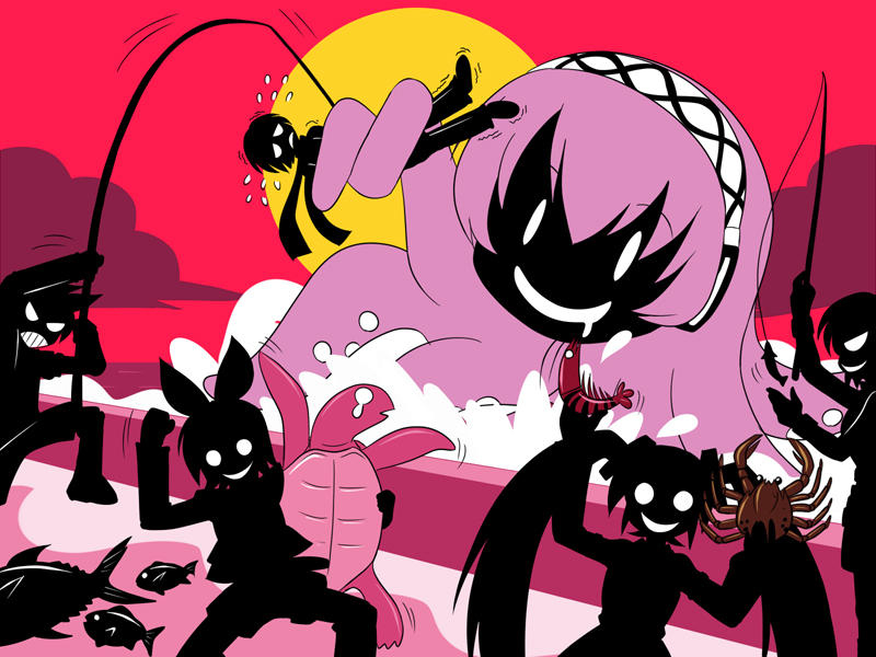 kamiyama123, kamiyama izumi, hatsune miku, kagamine len, kagamine rin, kaito (vocaloid), megurine luka, meiko (vocaloid), takoluka, vocaloid, 2boys, 3girls, crab, crustacean, evil grin, evil smile, fish, fishing rod, giant, giantess, grin, multiple boys, multiple girls, saliva, shrimp, silhouette, smile, tears, turtle