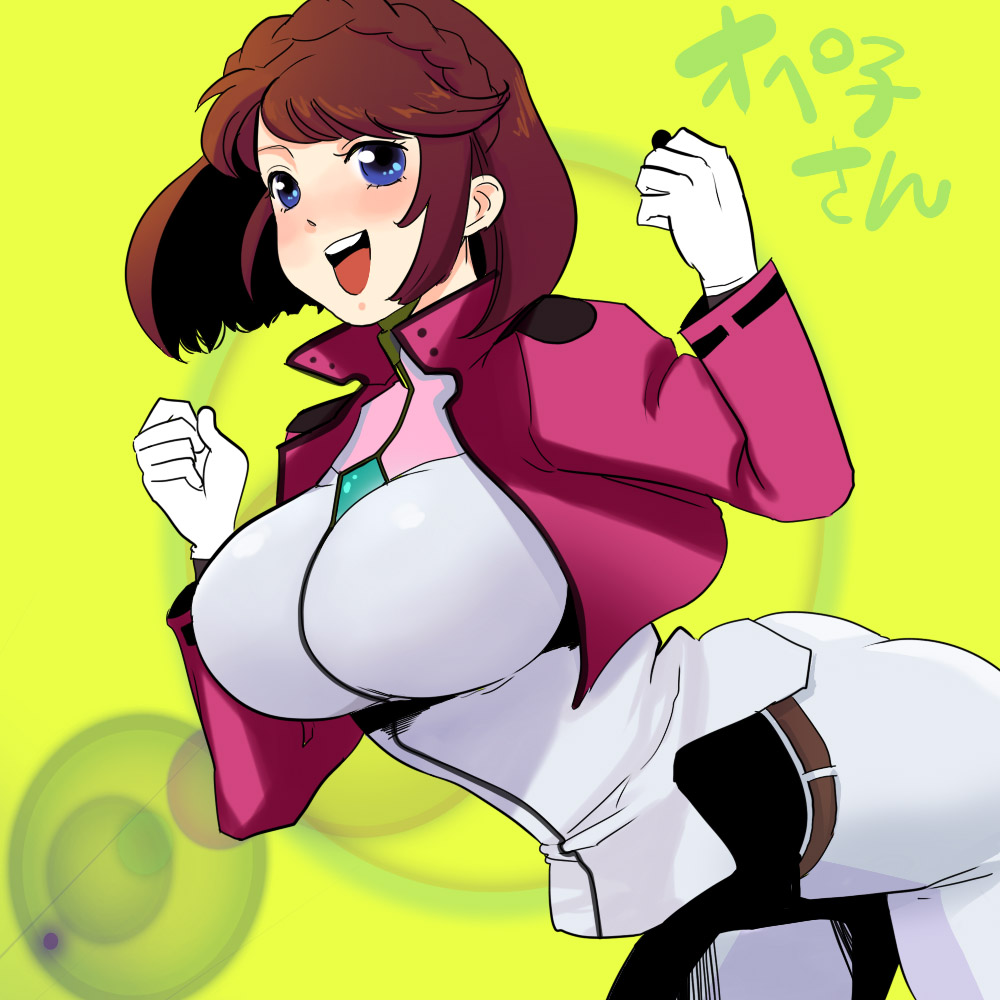 muto25, celestial being extra, gundam, gundam 00, extra, bad id, bad pixiv id, 00s, 1girl, ass, belt, blue eyes, blush, bouncing breasts, braid, breasts, brown hair, female focus, gloves, happy, huge breasts, jacket, large breasts, short hair, single braid, skin tight, smile, solo, stacked extra