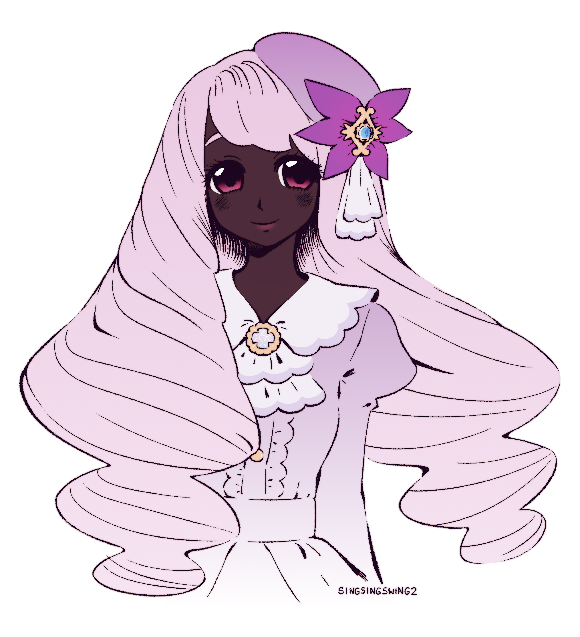 jacinthe (pokemon), nintendo, pokemon, pokemon legends: z-a, highres, 1girl, ascot, center frills, cropped torso, dark-skinned female, dark skin, dress, fascinator, frilled ascot, frills, hair ornament, juliet sleeves, light blush, long sleeves, looking at viewer, low drills, mega stone, puffy sleeves, purple dress, purple eyes, purple hair, singsingswing2, smile, solo, very dark skin