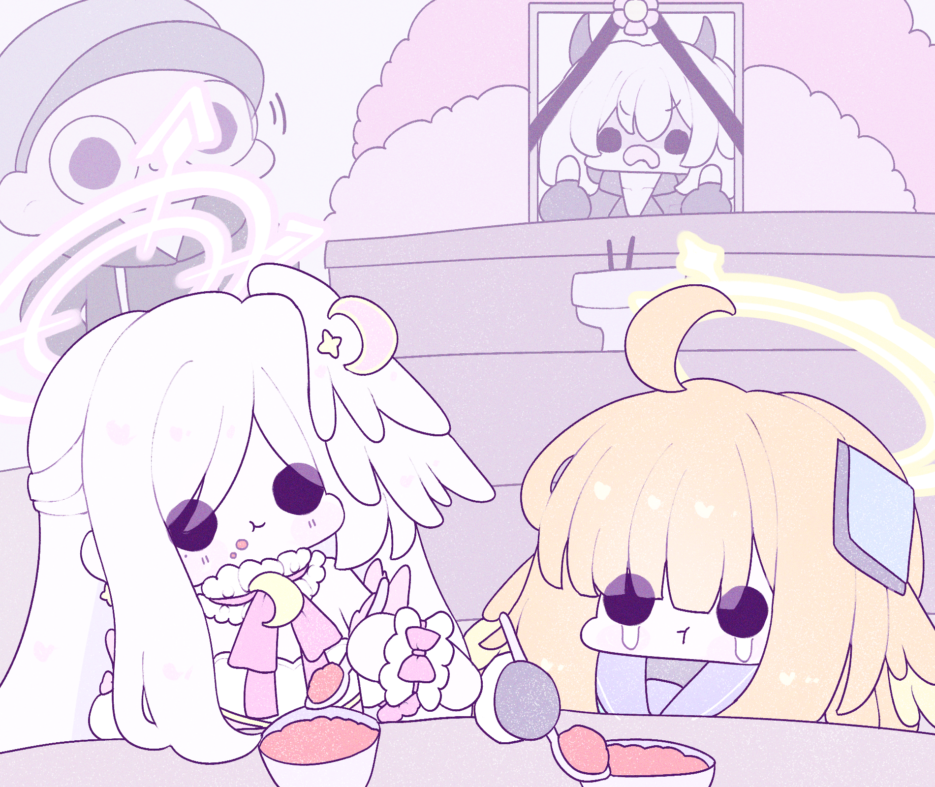 erika (blue archive), kim yongha, shimiko (blue archive), shimiko (magical) (blue archive), suzumi (blue archive), suzumi (magical) (blue archive), blue archive, commentary request, highres, korean commentary, 1boy, 3girls, ahoge, angry, blunt bangs, chibi, chibi only, crescent, crescent hair ornament, demon horns, detached collar, eating, hair ornament, halo, head wings, holding, holding spoon, horns, iei, incense burner, kusurikawaii, long hair, magical girl, multiple girls, neck ribbon, official alternate costume, orange hair, pink halo, pink ribbon, ribbon, sailor collar, single hair intake, single head wing, solid circle eyes, spoon, very long hair, white hair, wings, yellow halo