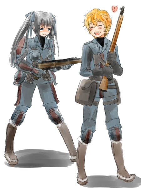 mino haru, minoharu, edy nelson, homer peron, senjou no valkyria, senjou no valkyria (series), senjou no valkyria 1, bad id, bad pixiv id, 00s, 1boy, 1girl, black eyes, blonde hair, blush, full body, gloves, grey hair, gun, military, military uniform, smile, standing, twintails, weapon