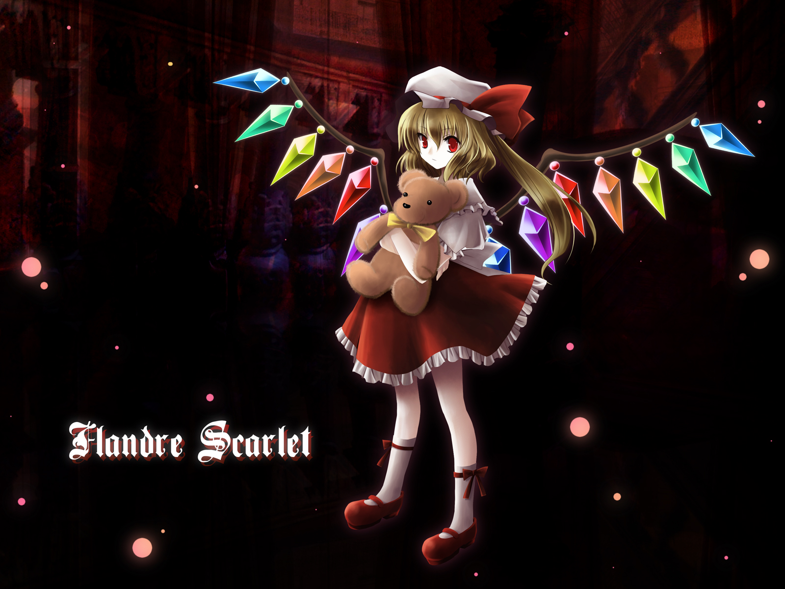 plue (coruru), flandre scarlet, touhou, highres, 1girl, blonde hair, female focus, full body, hat, ponytail, red eyes, ribbon, solo, standing, stuffed animal, stuffed toy, teddy bear, wings