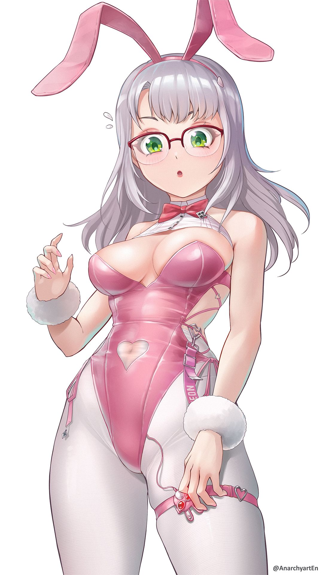 anarchyart, milk (blooming bunny) (nikke), milk (nikke), neon (nikke), goddess of victory: nikke, highres, blush, bow, breasts, bunnygirl suit, cosplay, dildo, egg vibrator, glasses, green eyes, hair ornament, leggings, leotard, looking at viewer, medium breasts, nail polish, neon (nike), open mouth, panties, pink nails, rabbit ears, rabbit hair ornament, rabbit vibrator, sex toy, surprised, sweatdrop, underwear, vibrator, vibrator,, vibrator under clothes, vibrator under panties, white background, white hair, white leggings