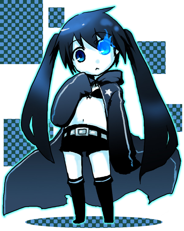 black rock shooter (character), black rock shooter, 10s, 1girl, :<, belt, bikini, bikini top only, black bikini, black hair, blue eyes, cape, chibi, female focus, full body, glowing, glowing eyes, long hair, long sleeves, monochrome, navel, shorts, solo, spot color, swimsuit, twintails, uneven twintails