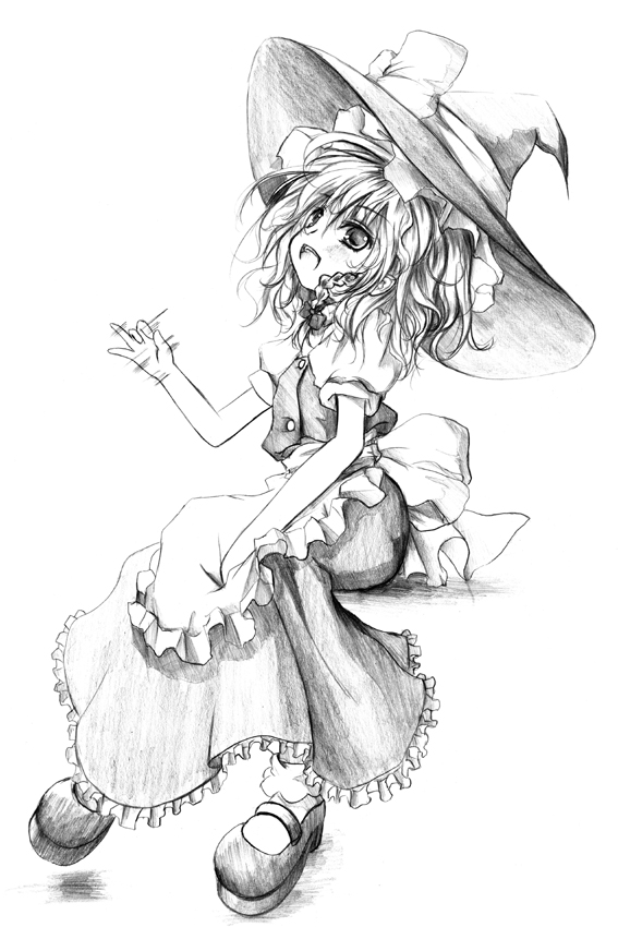 kurona, kirisame marisa, touhou, 1girl, braid, female focus, full body, greyscale, hat, monochrome, ribbon, solo, witch, witch hat