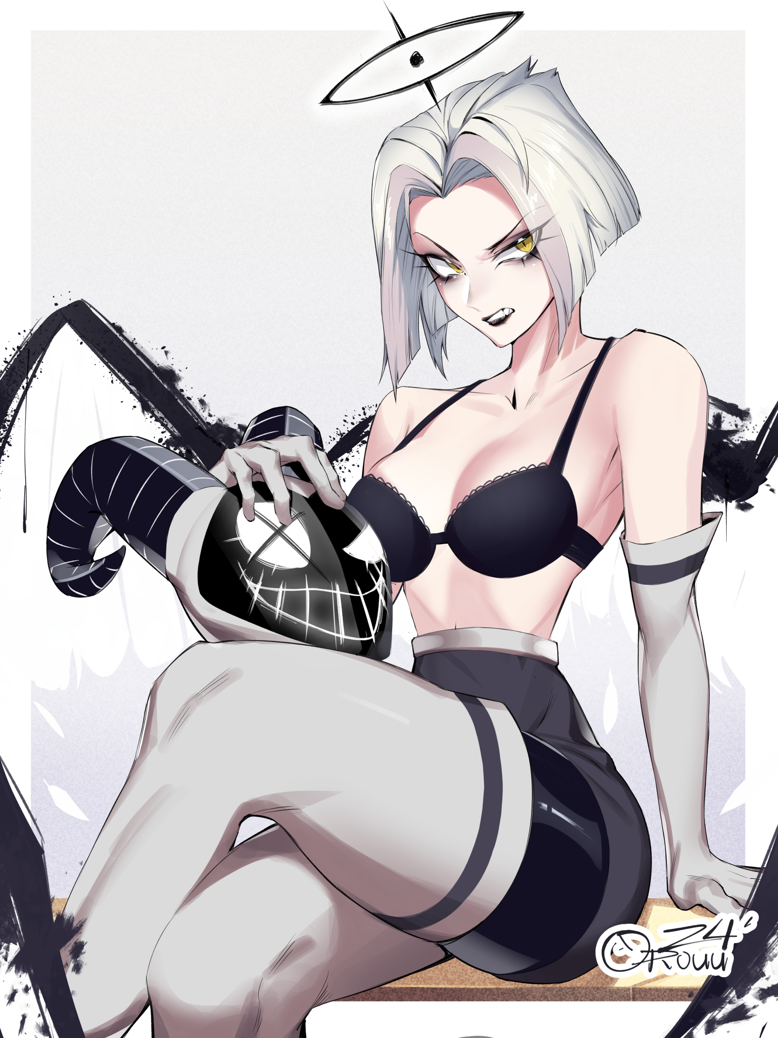 orouu, lute (hazbin hotel), hazbin hotel, hellaverse, commentary, english commentary, highres, paid reward available, 1girl, angel, angel wings, arm support, black bra, black halo, boots, bra, breasts, cleavage, crossed legs, elbow gloves, english text, gloves, halo, helmet, high-waist pants, horned mask, horns, looking at viewer, mask, pants, profanity, sitting, solo, teeth, thigh boots, thighhighs, underwear, unworn headwear, unworn helmet, wings