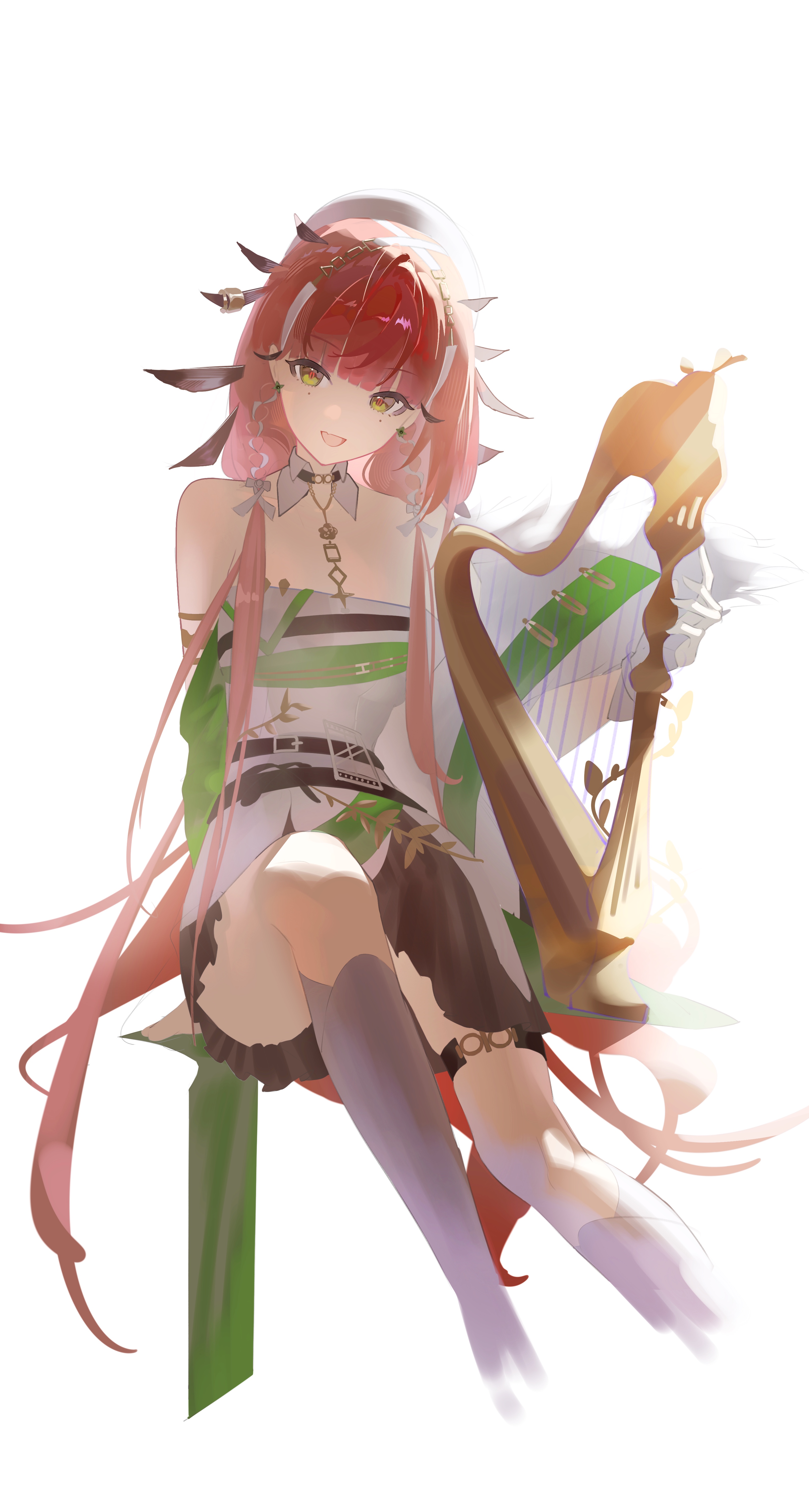 e-razor, erato (arknights), arknights, absurdres, chinese commentary, commentary request, highres, :d, bare shoulders, belt, black belt, black dress, collar, cropped legs, detached collar, dress, earrings, feathered hair, gloves, green dress, green eyes, hat, holding, holding instrument, instrument, jewelry, kneehighs, looking at viewer, mole, mole under each eye, mole under eye, multicolored dress, multiple moles, open mouth, red hair, red pupils, short dress, simple background, sitting, smile, socks, thigh strap, white background, white collar, white dress, white gloves, white hat, white socks