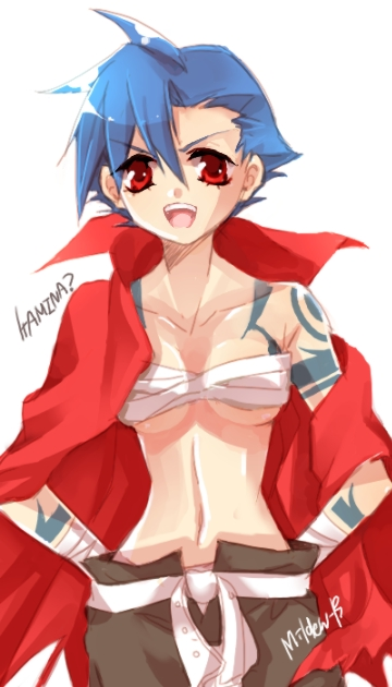 kamina (ttgl), tengen toppa gurren lagann, 00s, 1girl, bandages, blue hair, bodypaint, cape, female focus, genderswap, genderswap (mtf), open mouth, red eyes, sarashi, short hair, solo