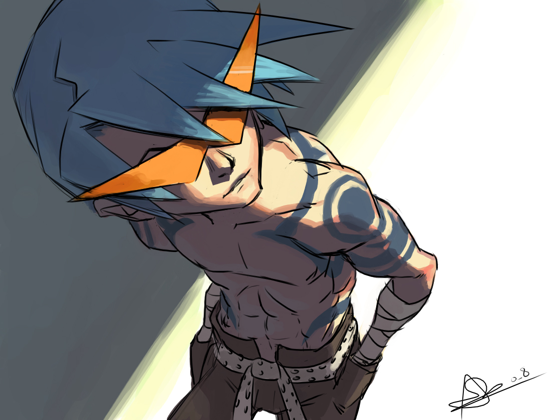 kamina (ttgl), tengen toppa gurren lagann, 00s, 1boy, abs, bandages, blue hair, bodypaint, from above, glasses, hands in pockets, kamina shades, looking up, male focus, solo, sunglasses, topless male, triangular eyewear
