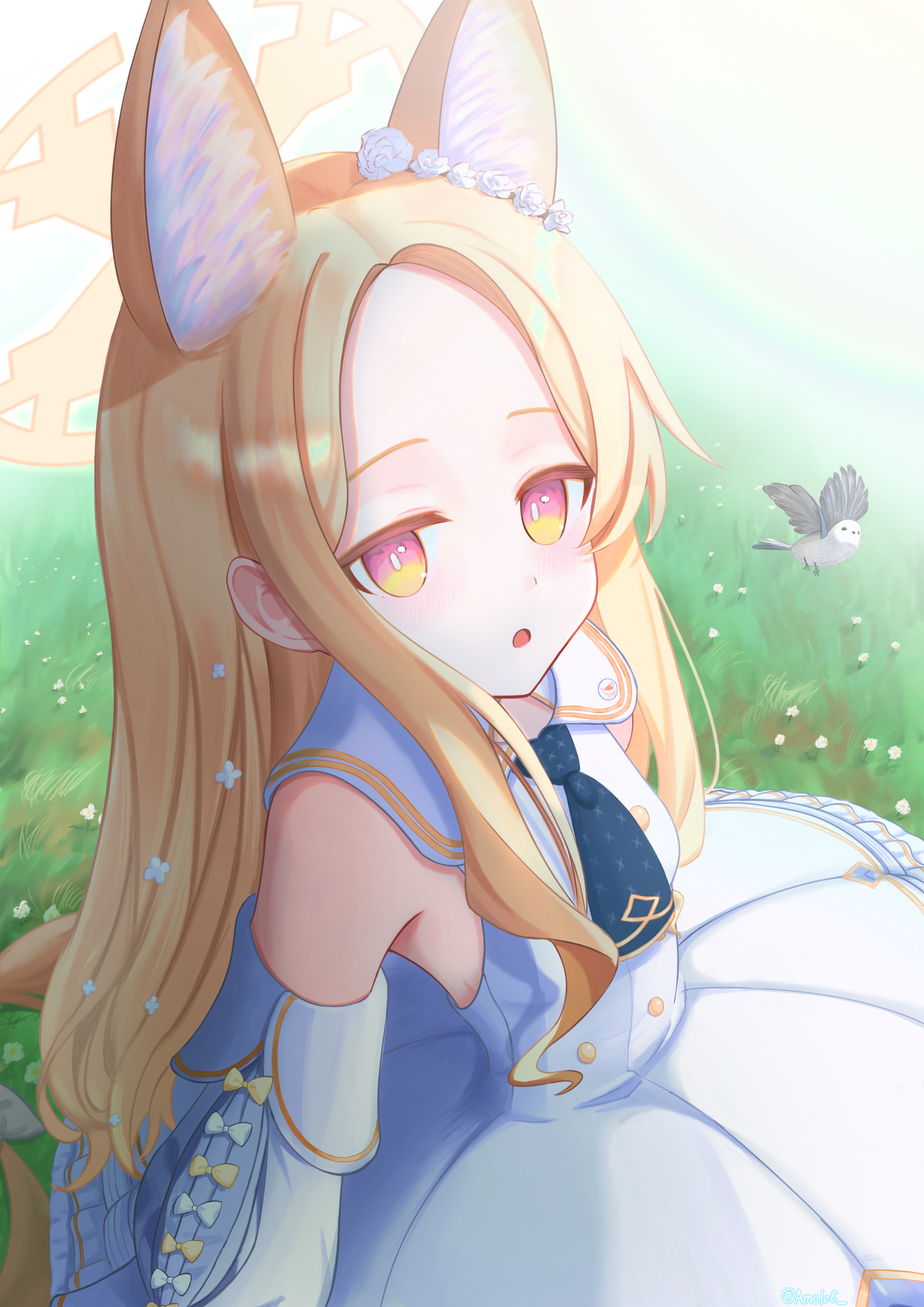 seia (blue archive), blue archive, absurdres, highres, 1girl, am3lo, animal ear fluff, animal ears, bird, black necktie, blonde hair, capelet, detached sleeves, dress, fox ears, fox girl, gold trim, halo, long-tailed tit, long hair, long sleeves, looking at viewer, necktie, open mouth, sleeveless, sleeveless dress, solo, tit (bird), very long hair, white capelet, yellow halo
