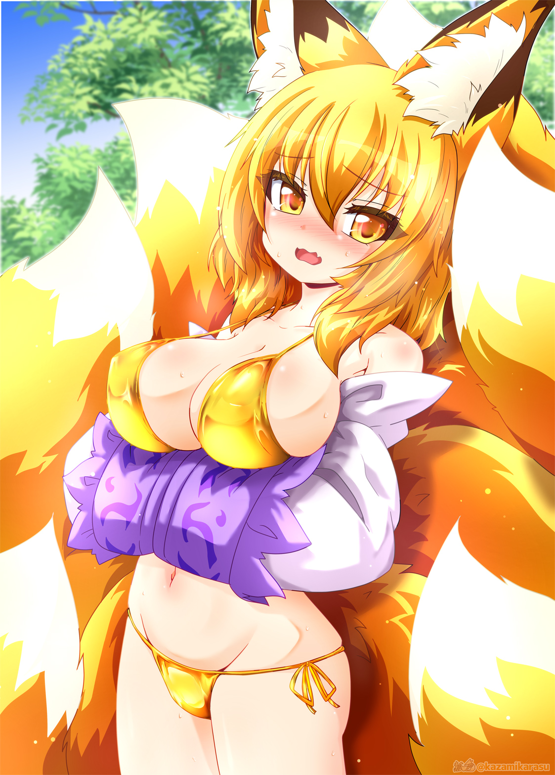kazami karasu, yakumo ran, touhou, highres, 1girl, animal ear fluff, animal ears, artist logo, bikini, blonde hair, blush, breasts, cowboy shot, detached sleeves, embarrassed, fang, fox ears, fox girl, fox tail, gold bikini, groin, hair between eyes, hands in opposite sleeves, large breasts, logo, looking at viewer, medium hair, meme, multiple tails, navel, nose blush, open mouth, outdoors, side-tie bikini bottom, skin fang, solo, standing, string bikini, sweat, swimsuit, tail, twitter username, wavy mouth, yellow eyes