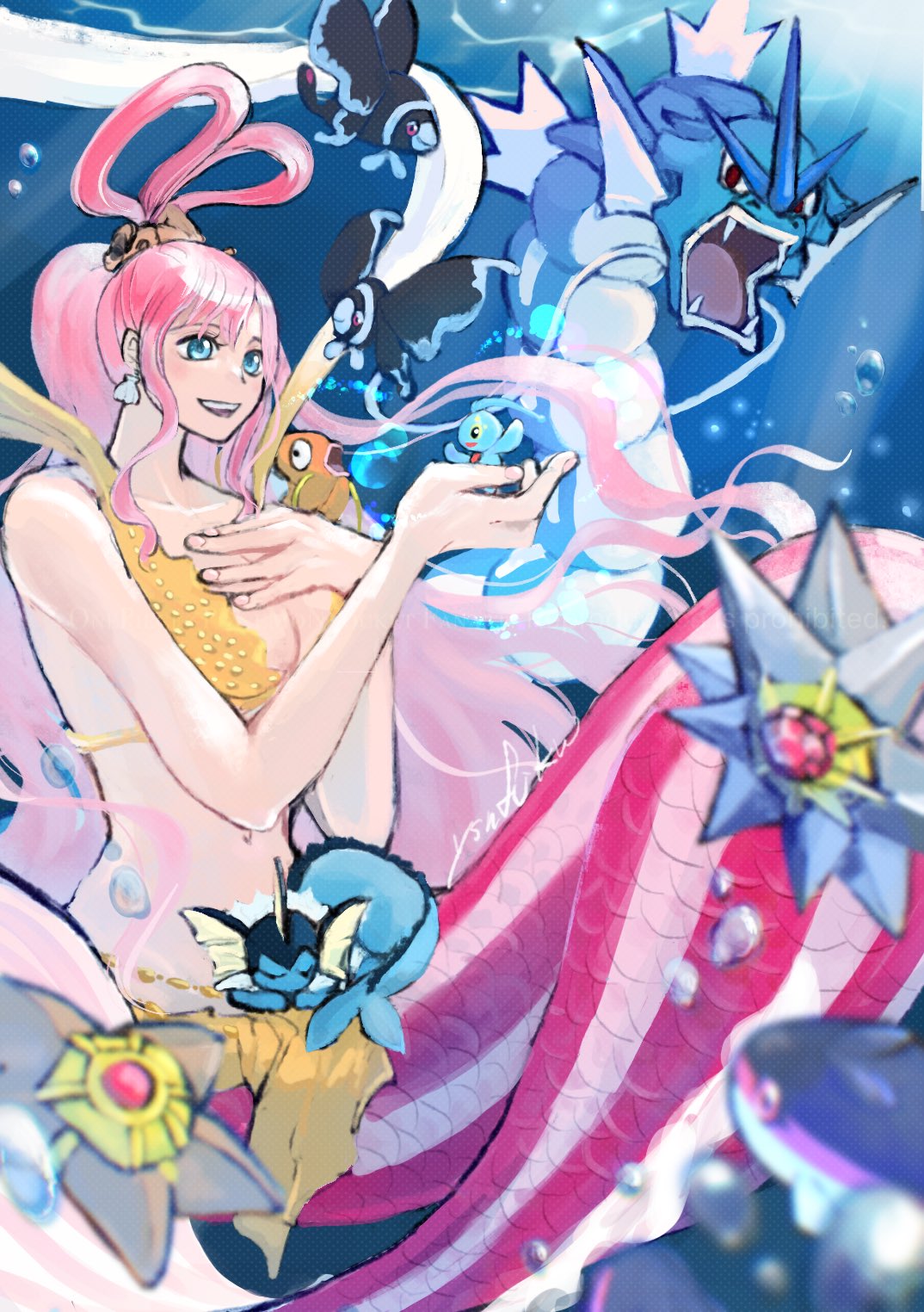 ysnfjkw, shirahoshi, nintendo, one piece, pokemon, commentary, highres, making-of available, 1girl, bikini, blue eyes, earrings, fish hair ornament, hair ornament, half updo, jewelry, mermaid, monster girl, navel, pink hair, pokemon (creature), shell, shell earrings, sidelocks, signature, smile, swimsuit, underwater, yellow bikini