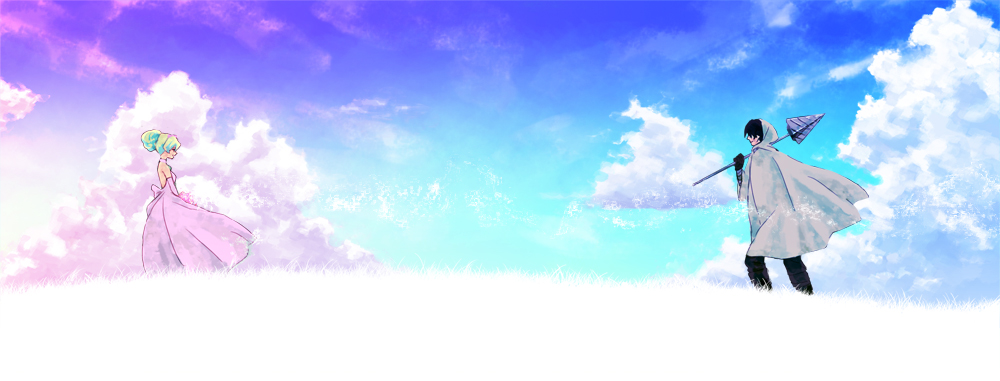 nia teppelin, simon (ttgl), tengen toppa gurren lagann, 00s, 1boy, 1girl, cloud, day, dress, drill, lance, pink dress, polearm, sky, snow, spear, weapon