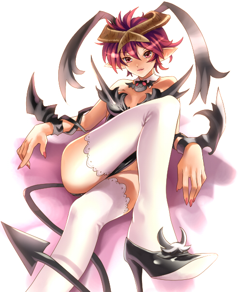 katahira masashi, original, 1girl, crossed legs, demon girl, detached collar, female focus, high heels, horns, pointy ears, red eyes, red hair, shoes, sitting, solo, tail, thighhighs, white thighhighs, wings