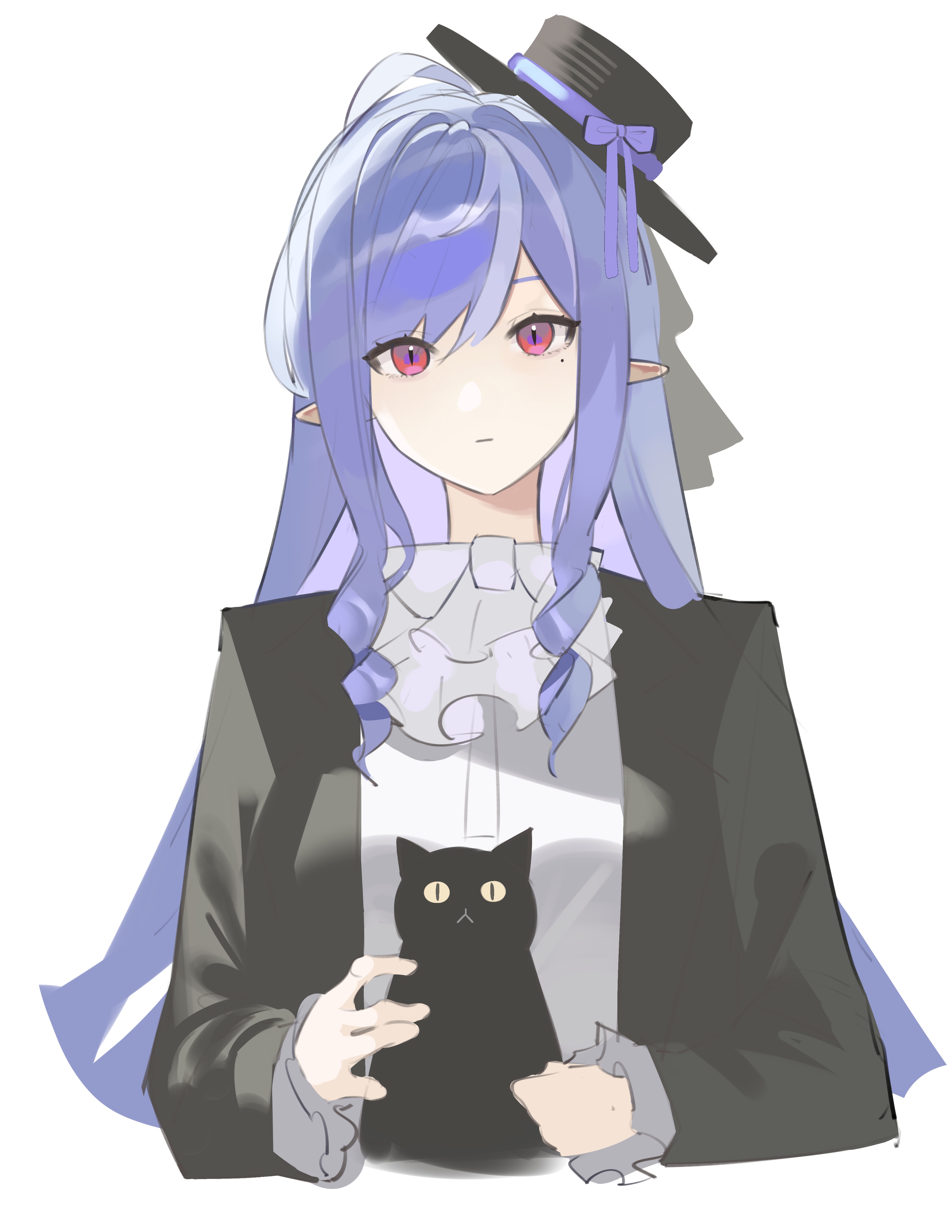 e-razor, vivian banshee, zenless zone zero, absurdres, chinese commentary, commentary request, highres, alternate costume, animal, black hat, black jacket, black suit, blue hair, bow, bowtie, cat, drill hair, drill sidelocks, expressionless, formal clothes, frilled shirt collar, frilled sleeves, frills, hat, hat ribbon, holding, holding animal, holding cat, jacket, long hair, long sidelocks, long sleeves, looking at viewer, mini hat, mole, mole under eye, pointy ears, purple ribbon, red eyes, ribbon, shirt, sidelocks, simple background, suit, upper body, white background, white bow, white bowtie, white shirt