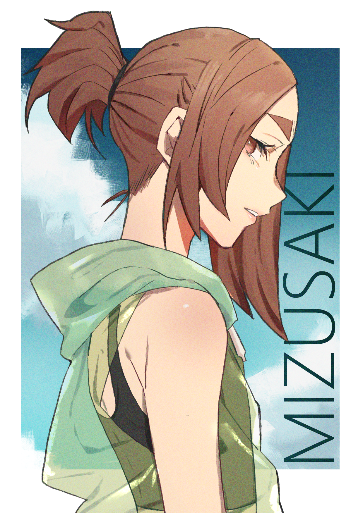takao (88499191), mizusaki tsubame, eizouken ni wa te wo dasu na!, commentary, highres, 1girl, border, brown eyes, brown hair, character name, cloud, from side, solo, white border