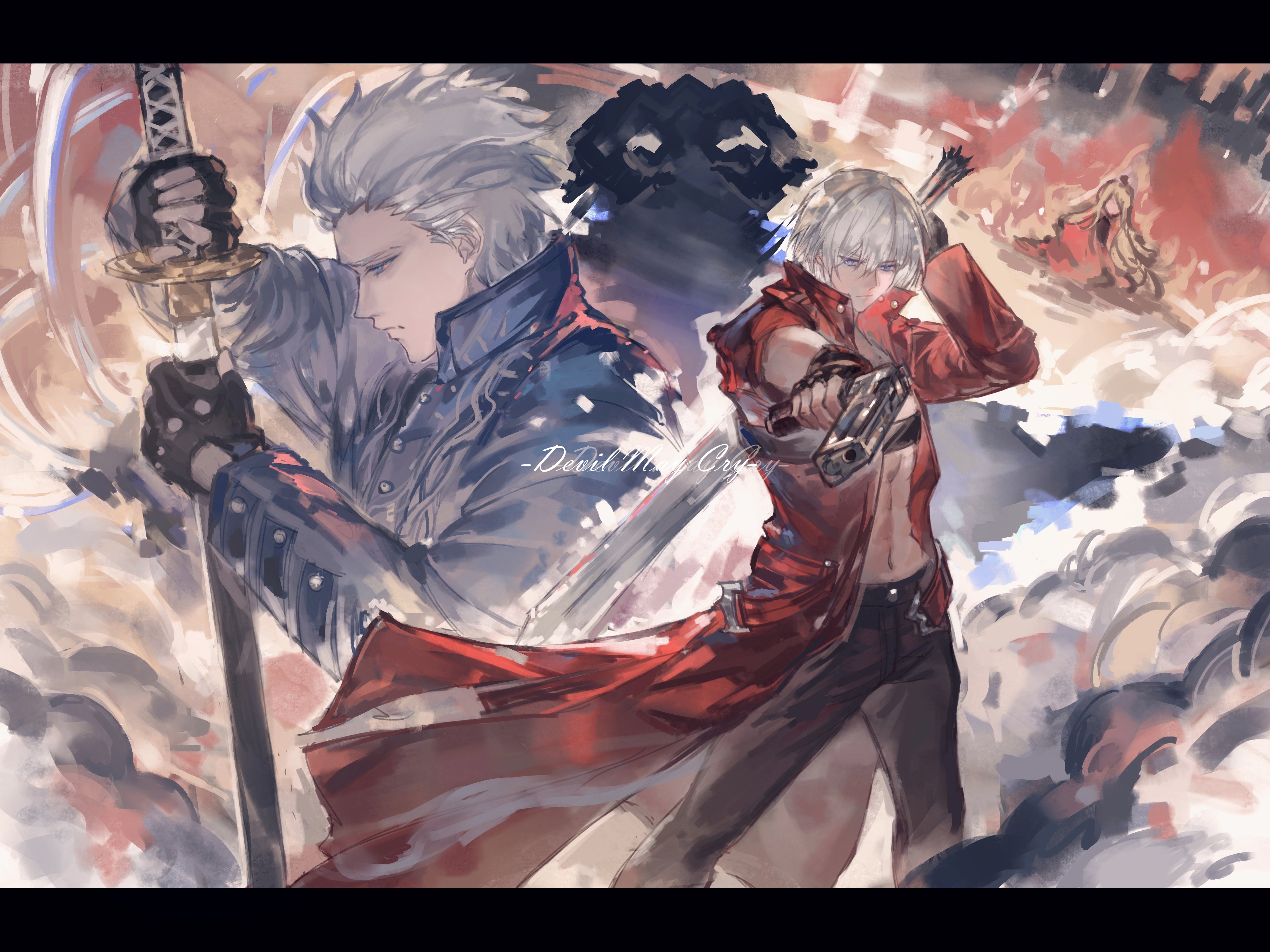 dante (devil may cry), vergil (devil may cry), devil may cry, devil may cry (series), devil may cry 3, absurdres, highres, 2boys, asymmetrical dual wielding, black gloves, black pants, blue coat, brothers, chest strap, coat, cowboy shot, drawing sword, dual wielding, fingerless gloves, gloves, grey hair, gun, hair between eyes, holding, holding gun, holding sheath, holding sword, holding weapon, long coat, male focus, midriff, multiple boys, omegaantiworld, pants, red coat, sheath, short hair, siblings, sword, upper body, weapon
