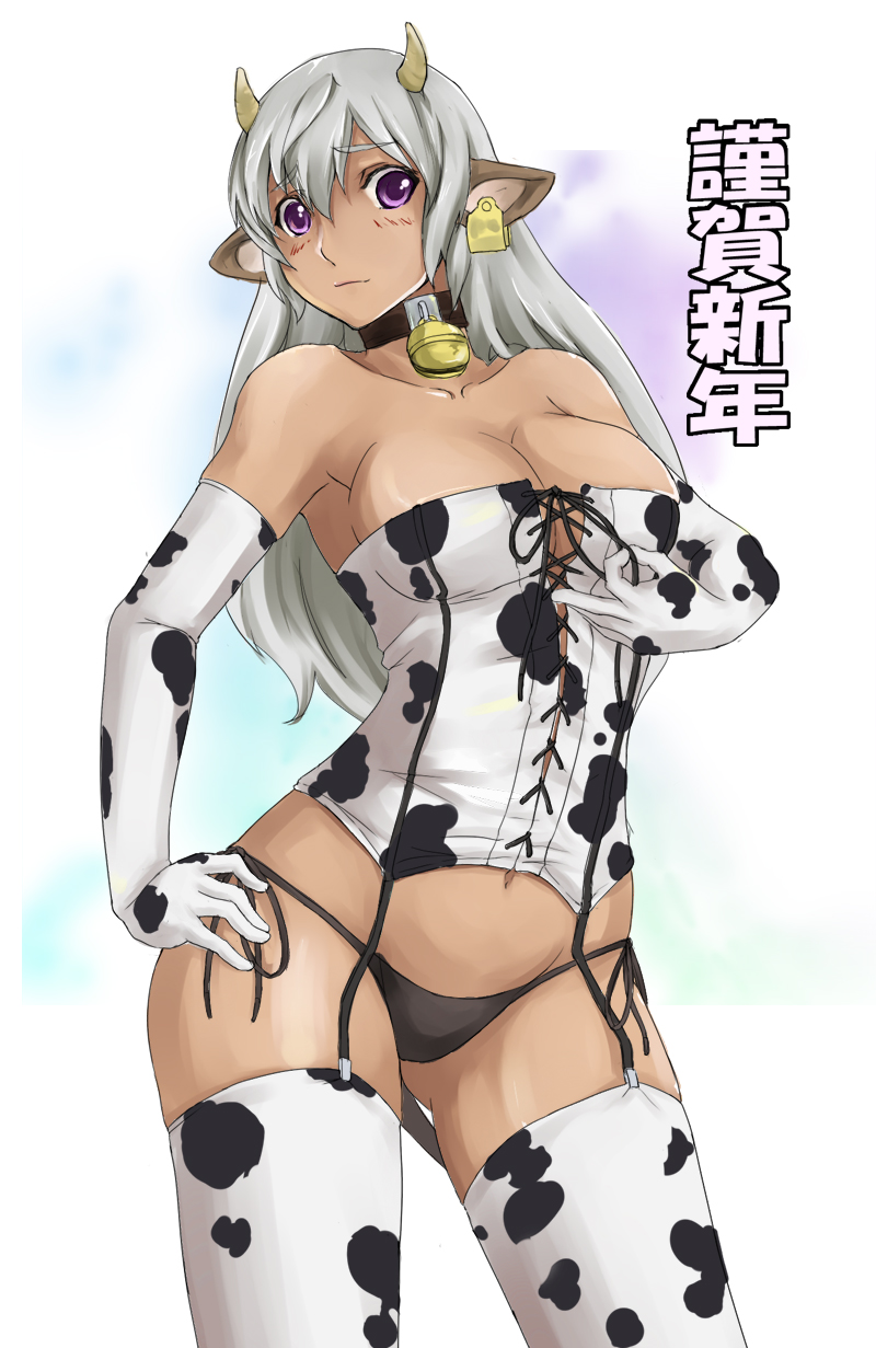 afurichin, original, silver hair, highres, 1girl, animal ears, animal print, bell, breasts, bustier, cleavage, collar, cow ears, cow girl, cow horns, cow print, dark-skinned female, dark skin, earrings, elbow gloves, female focus, gloves, horns, jewelry, large breasts, lingerie, navel, neck bell, panties, purple eyes, solo, thighhighs, underwear