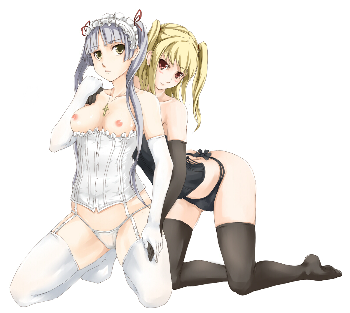 afurichin, shidou mariya, shinouji matsurika, maria holic, 00s, 1boy, 1girl, arched back, black panties, black thighhighs, blonde hair, blue hair, blush, breastless clothes, breasts, bulge, bustier, corset, cross, elbow gloves, g-string, garter belt, garter straps, gloves, hairband, hetero, holding hands, jewelry, legs, lingerie, lolita hairband, long hair, medium breasts, mole, mole under eye, necklace, nipples, panties, parted bangs, red eyes, simple background, spread legs, thighhighs, thong, trap, twintails, two side up, underwear, white background, white panties, white thighhighs, yellow eyes