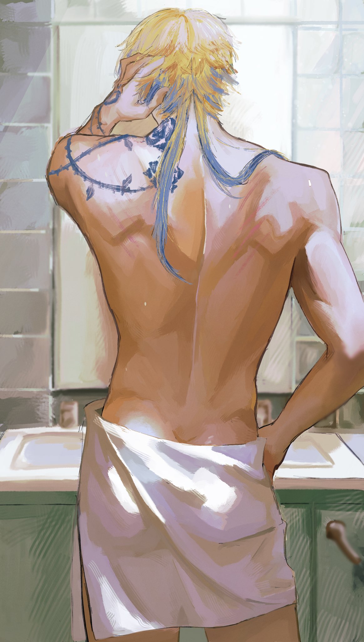 michael kaiser, blue lock, commentary, highres, 1boy, arm on own head, arm tattoo, ass, back, blonde hair, blue hair, blue tattoo, faucet, flower tattoo, from behind, gradient hair, hand tattoo, male focus, multicolored hair, naked towel, neck tattoo, puresh i, short hair with long locks, solo, tattoo, towel, two-tone hair, wet