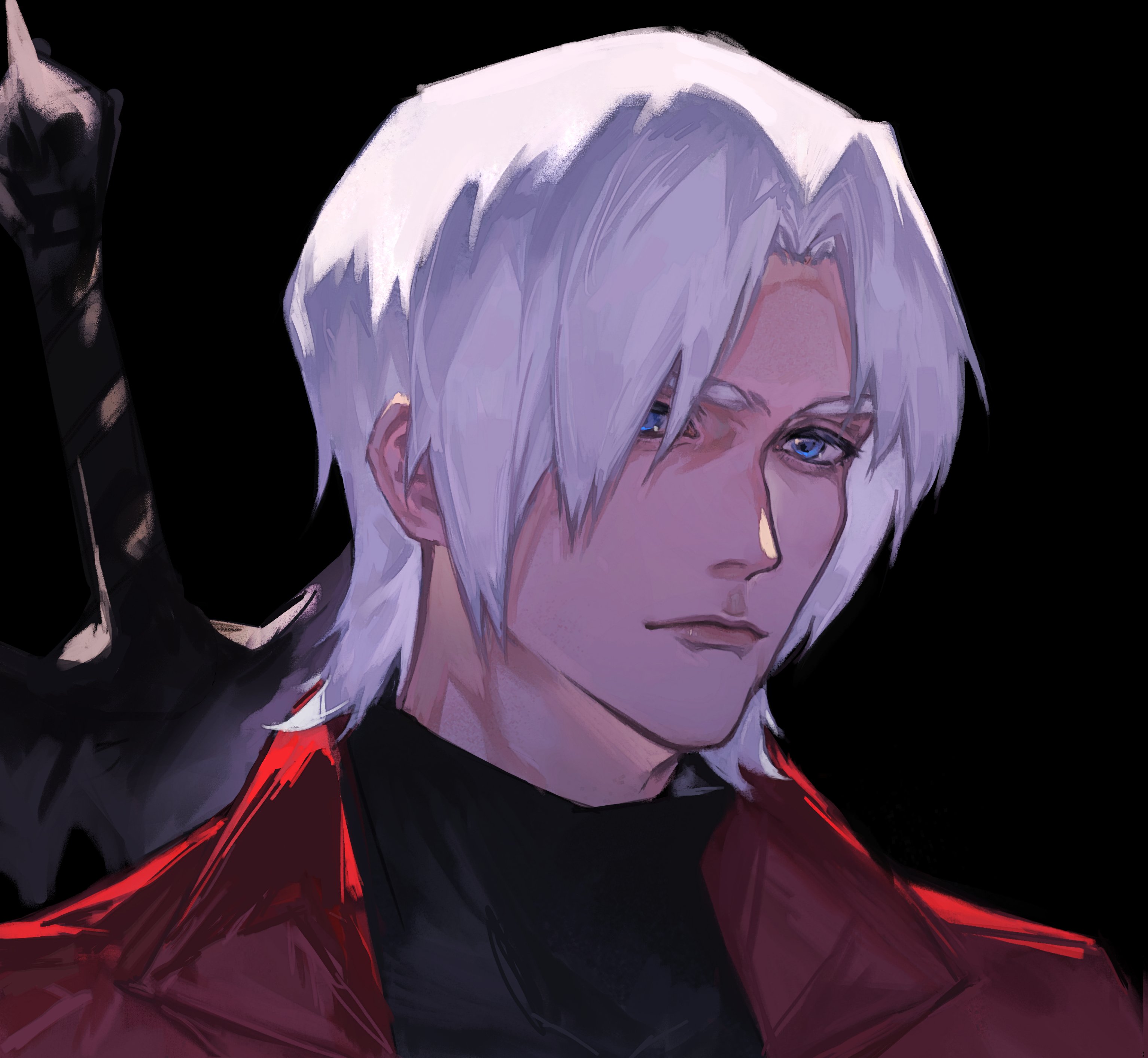dante (devil may cry), devil may cry (series), devil may cry 1, absurdres, highres, 1boy, black background, black shirt, blue eyes, closed mouth, coat, hair between eyes, male focus, medium hair, omegaantiworld, parted bangs, portrait, red coat, shirt, solo, sword, sword on back, turtleneck, upper body, weapon, weapon on back, white hair