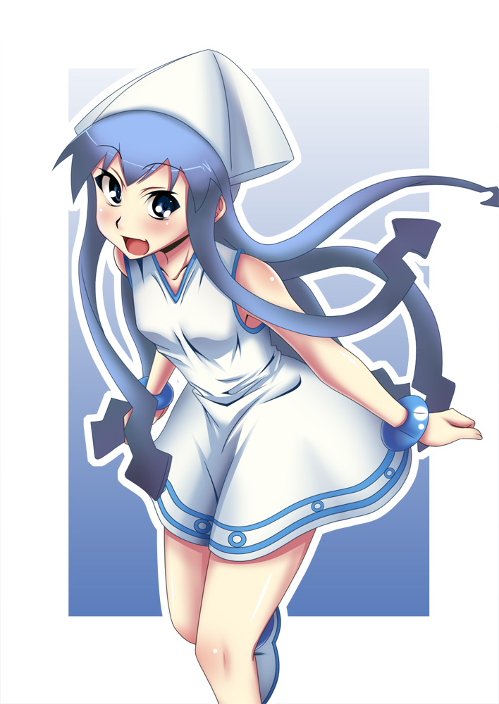 kondou mu, tanabe kyou, ikamusume, shinryaku! ikamusume, 1girl, blue eyes, blue hair, bracelet, dress, female focus, hat, jewelry, long hair, smile, solo