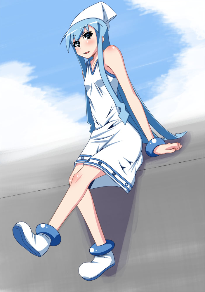 kondou mu, tanabe kyou, ikamusume, shinryaku! ikamusume, blue eyes, blue hair, bracelet, dress, hat, jewelry, long hair, solo