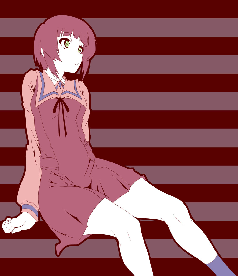 kondou mu, tanabe kyou, watanuki hibiki, pani poni dash!, 00s, 1girl, :<, female focus, flat color, green eyes, pale skin, red hair, school uniform, short hair, socks, solo, striped background
