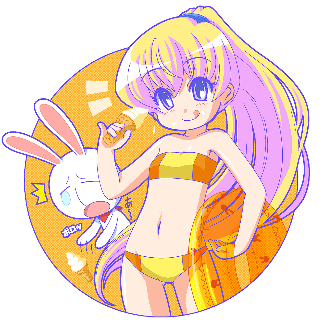 ki (adotadot), mesousa, rebecca miyamoto, pani poni dash!, 00s, 1girl, :q, bikini, blonde hair, blue eyes, child, flat chest, food, ice cream, innertube, long hair, navel, swim ring, swimsuit, tongue, tongue out