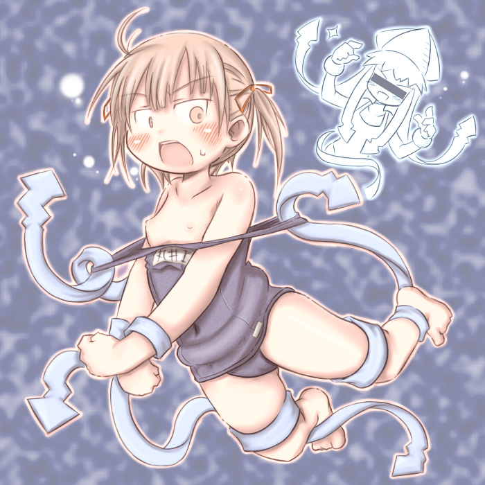 musketeers, ikamusume, marui mitsuba, mitsudomoe (manga), shinryaku! ikamusume, 2girls, ahoge, barefoot, blush, brown eyes, brown hair, censored, clothes pull, crossover, feet, flat chest, hat, loli, monster girl, multiple girls, name tag, nipples, one-piece swimsuit, one-piece swimsuit pull, open mouth, pulling another's clothes, school swimsuit, short twintails, squid, swimsuit, tentacle hair, tentacles, toes, twintails