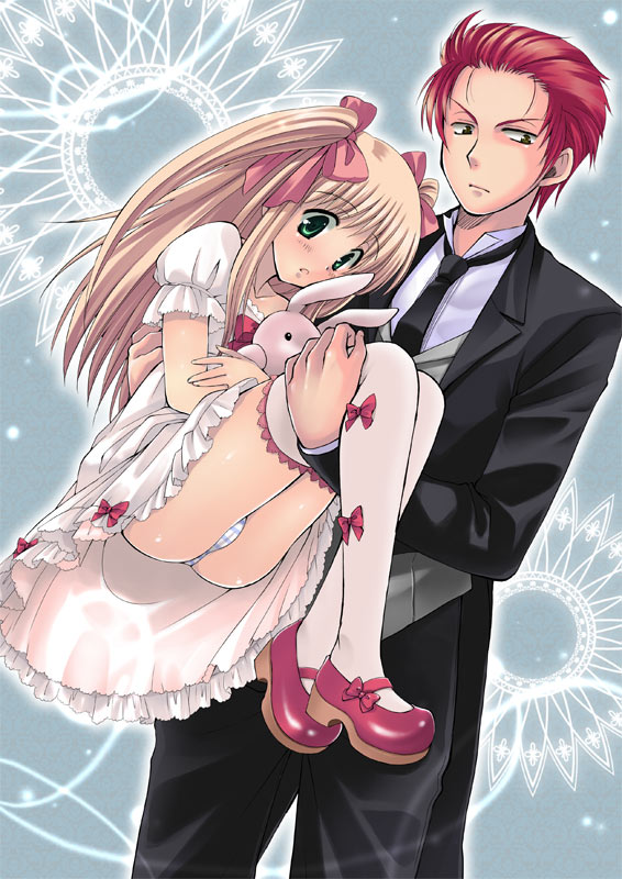 asou riku, original, red footwear, bad id, bad pixiv id, 1boy, 1girl, blonde hair, blush, bow, bow legwear, carrying, dress, formal clothes, green eyes, hair bow, long hair, necktie, panties, princess carry, red hair, shoes, short hair, striped clothes, striped panties, stuffed animal, stuffed rabbit, stuffed toy, suit, thighhighs, twintails, underwear, upskirt